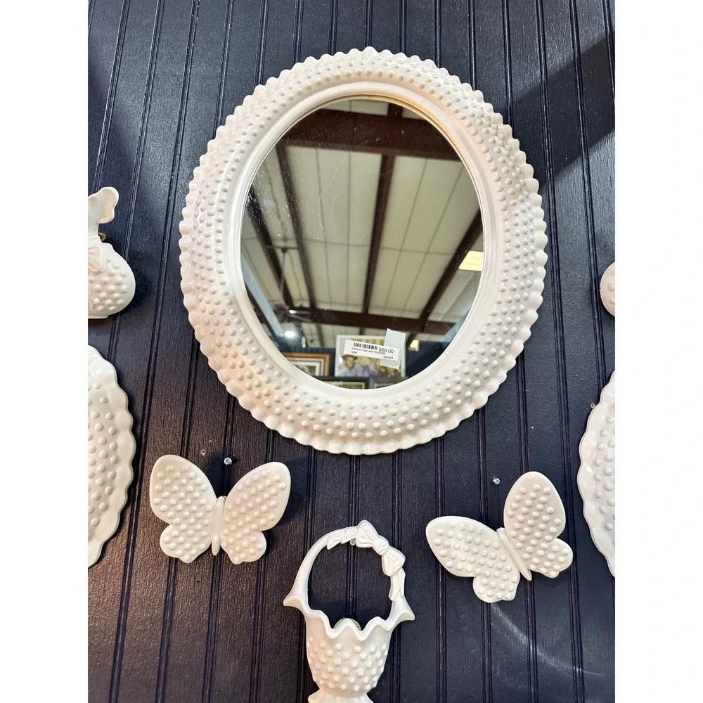 Hobnail Wall Decor Set Mirror Sconce Butterfly Basket White 9 Piece Set